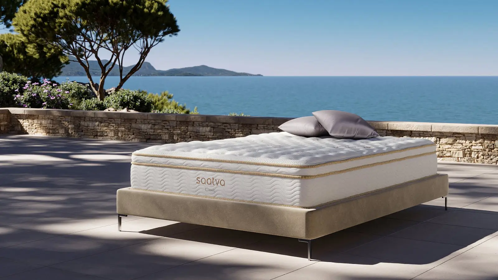 Saatva Classic mattress styled in a bright, calm bedroom