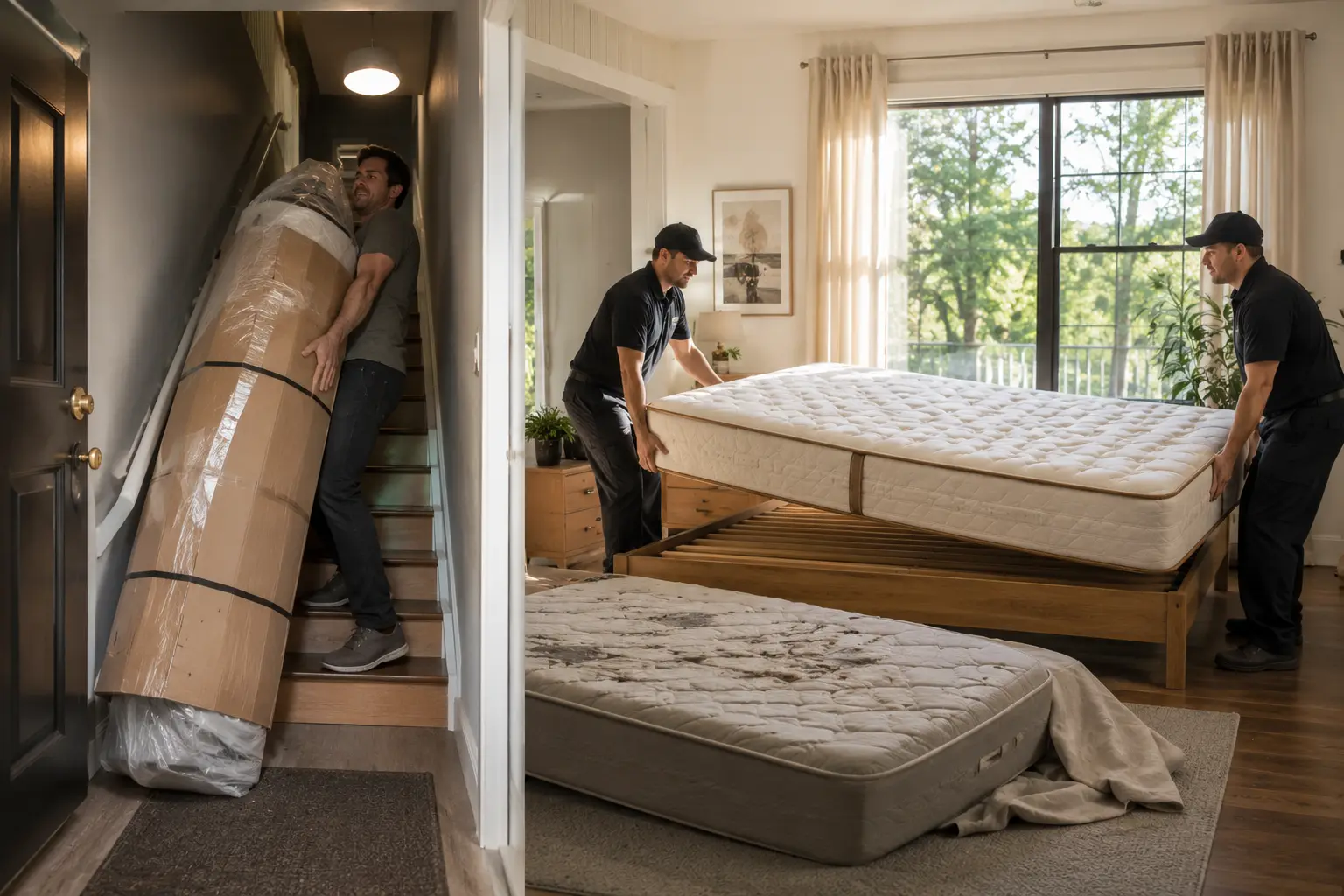 Boxed mattress being carried up a stairwell next to white-glove delivery setup